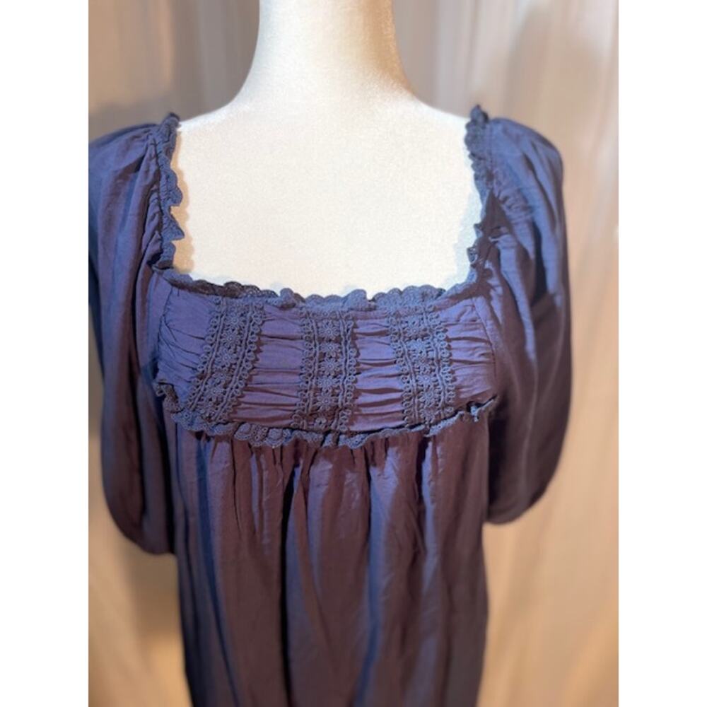 Laffaire Size Large Blouse Smocked Bodice Short Sleeve Dark Blue‎